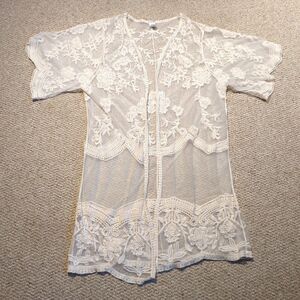 Lace Duster Kimono Cover Up Cardigan L/XL Ivory Floral Boho Sheer